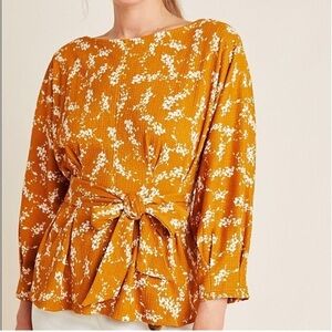 Anthropologie Amber stretch dolman textured belted pleated print blouse top L